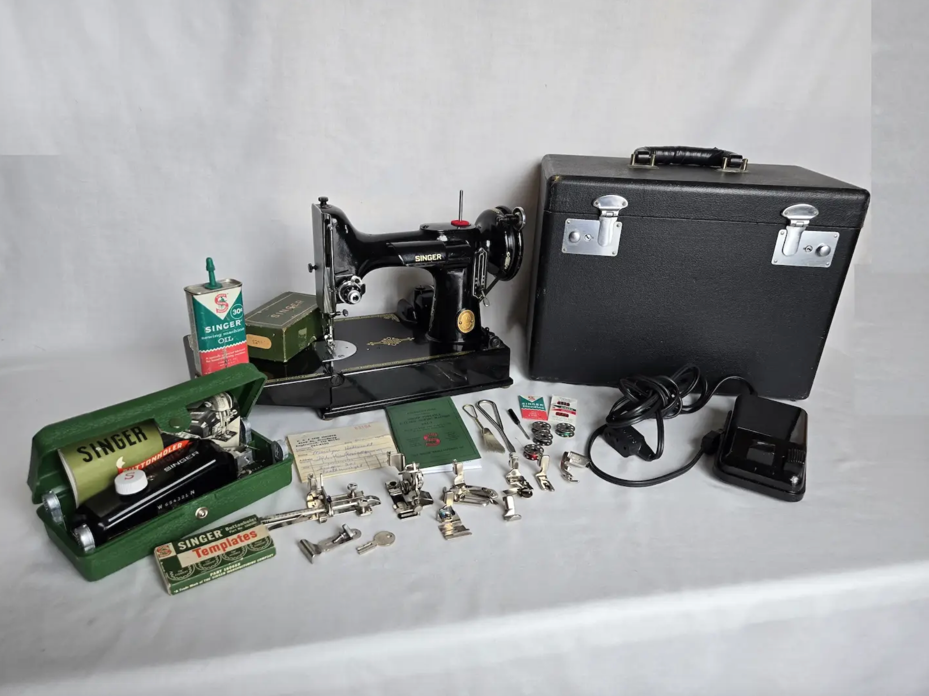 Singer Featherweight 221-1 Sewing Machine with Case, Attachments & Extra Bobbins - Excellent Working Condition
